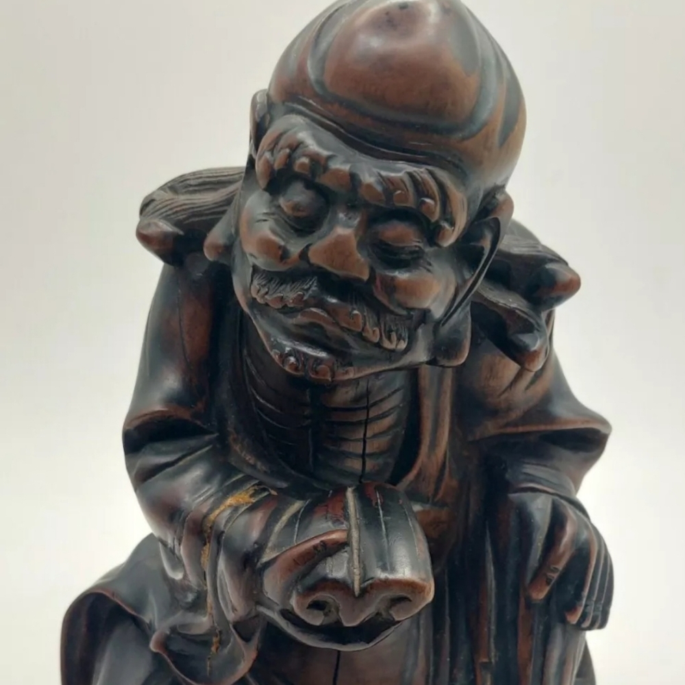 ASIAN Vtg Chinese Bearded Old Wise Man W Scroll Statue Hand Carved Wood 7" X 5"